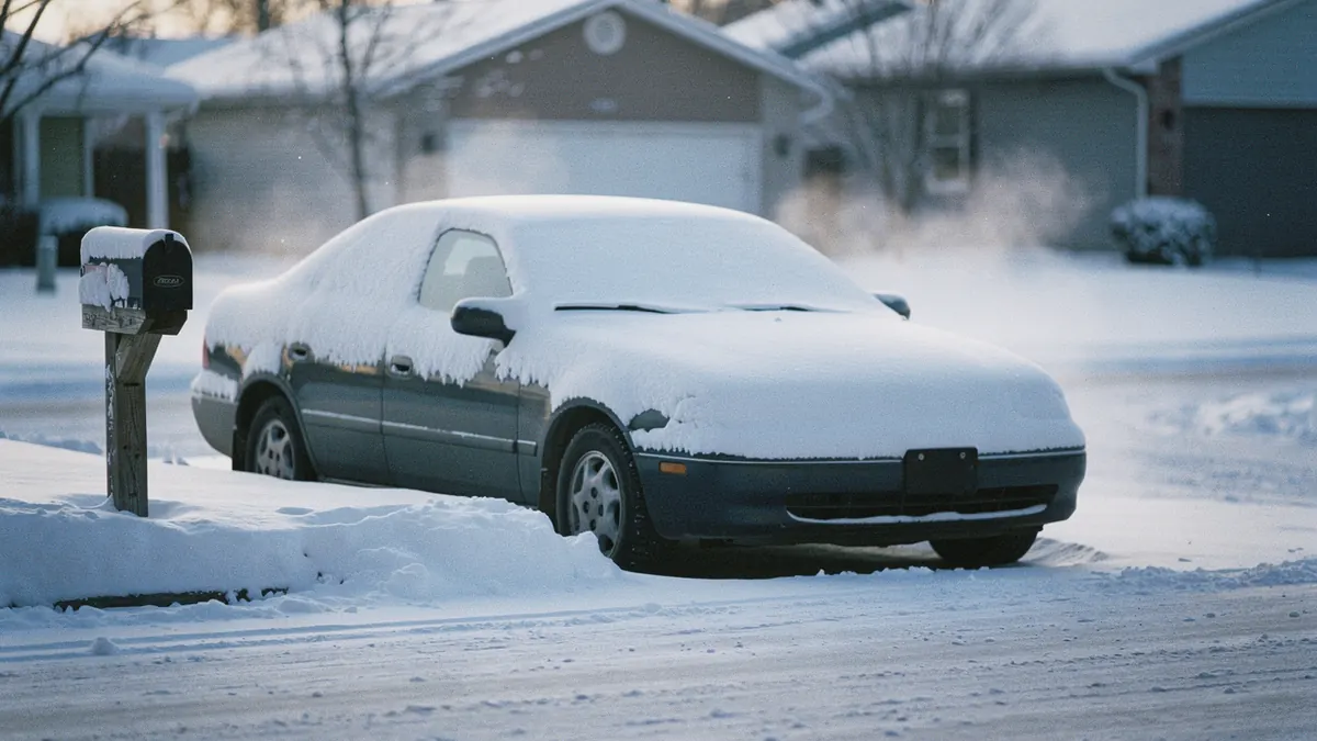 A dark sedan buried under overnight snow with one side of the windshield cleared, generated illustration