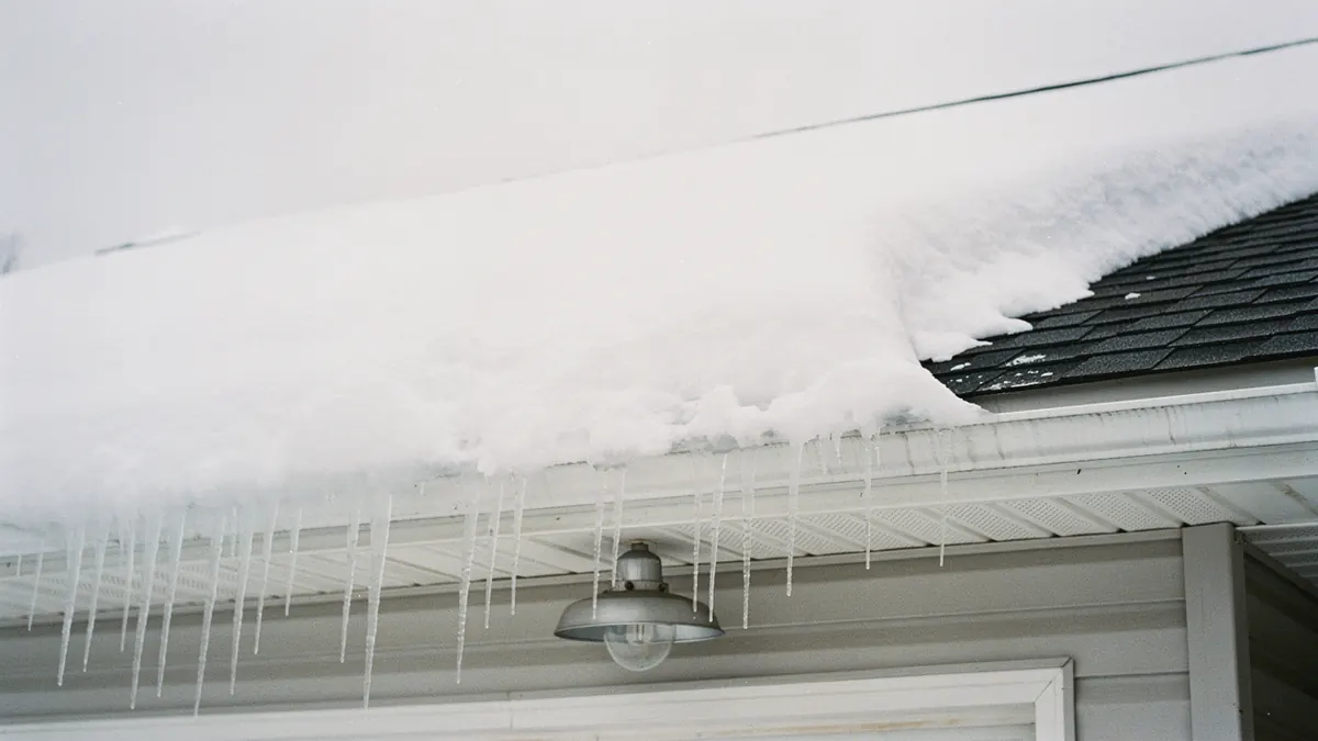 A snow-laden roof eave with an ice dam and long icicles at the gutter, generated illustration