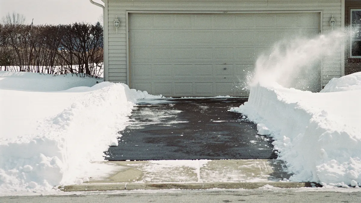 A freshly cleared suburban driveway after a storm with a wall of snow along each edge and thrown snow settling on the lawn, generated illustration